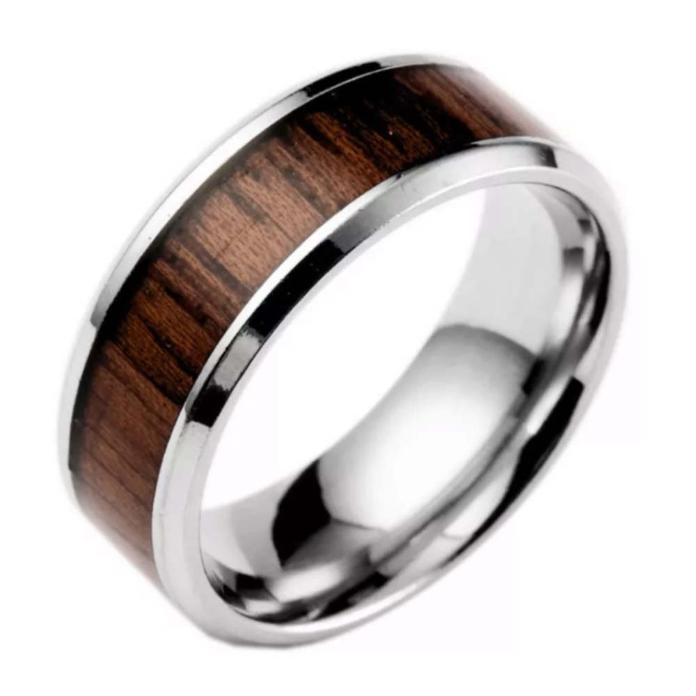8mm Wood inlaid Stainless Steel Silver Men’s Ring